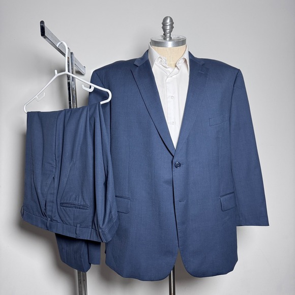 Jos. A. Bank Suit Mens 56R 50x28 Blue Solid Wool Traveler Tailored Fit 2-Button